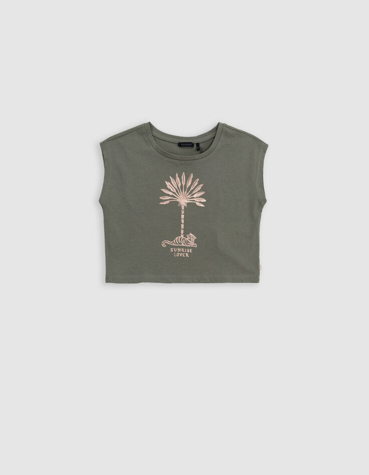 Khaki Mädchen-T-Shirt, Biobaumwolle, Palmen-Tiger, kupfer-2