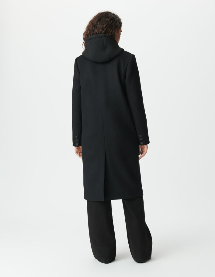 Ikks Manteau Laine Ã Capuche Manteau Long Noir Parementure à