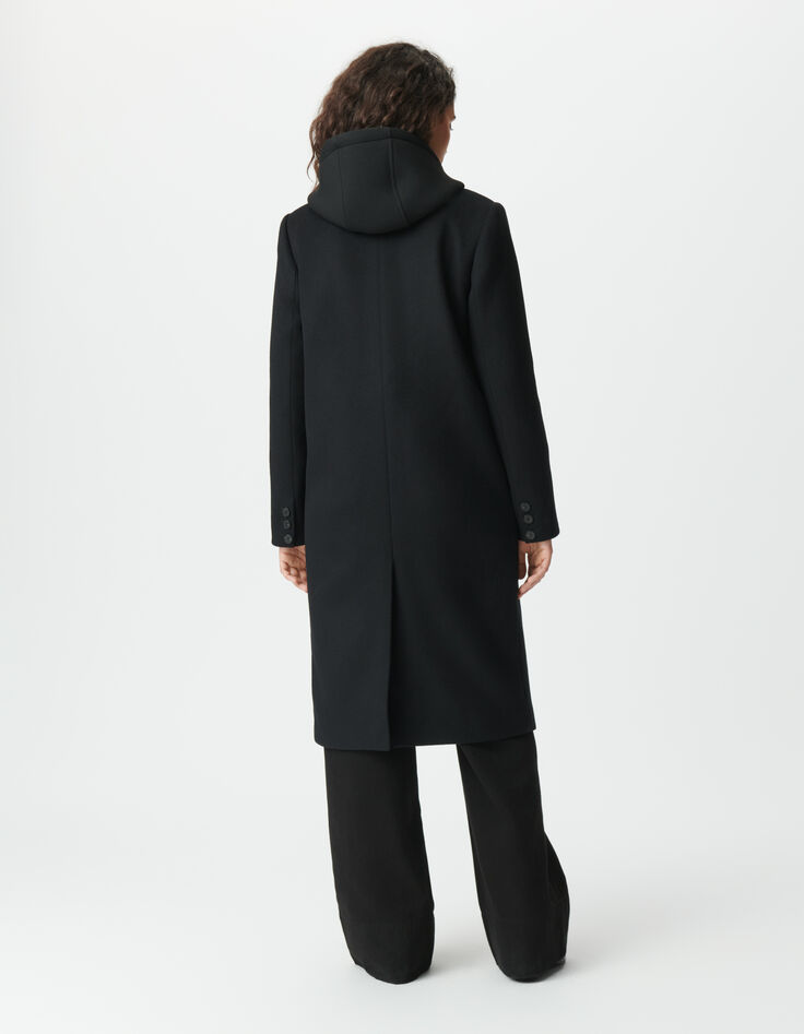 Manteau long noir parementure à capuche amovible Femme-3