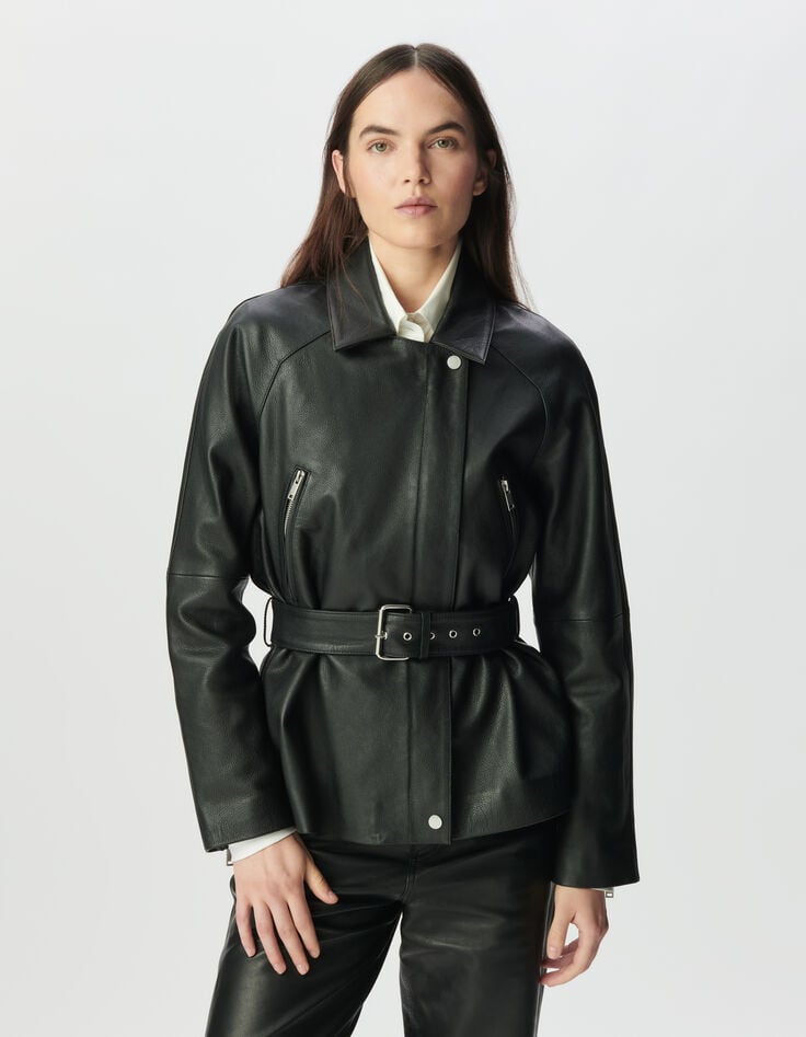 Women’s black grained leather oversized biker jacket-2