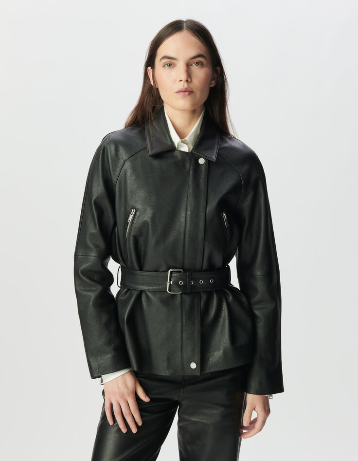 Women’s black grained leather oversized biker jacket-2 Women’s black grained leather oversized biker jacket-2