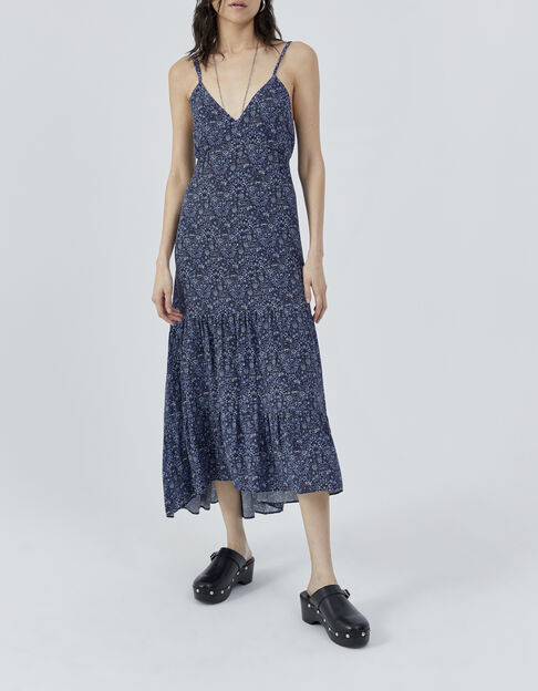 Langes, marineblaues Damenkleid mit blauem Blumenprint