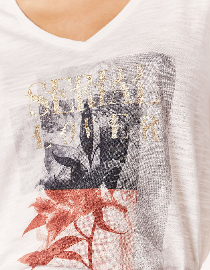 Tee-shirt blanc cassé imprimé message pailleté doré femme-4