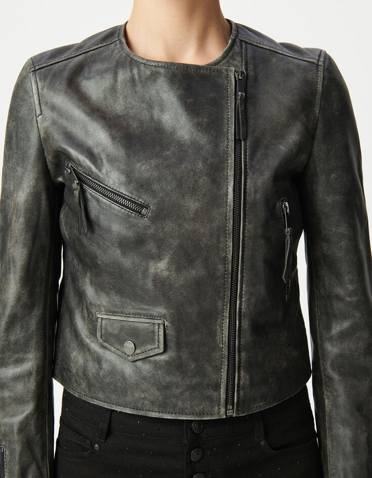Schwarze Bikerjacke aus gewaschenem Leder mit Reißverschlusstaschen Damen-5
