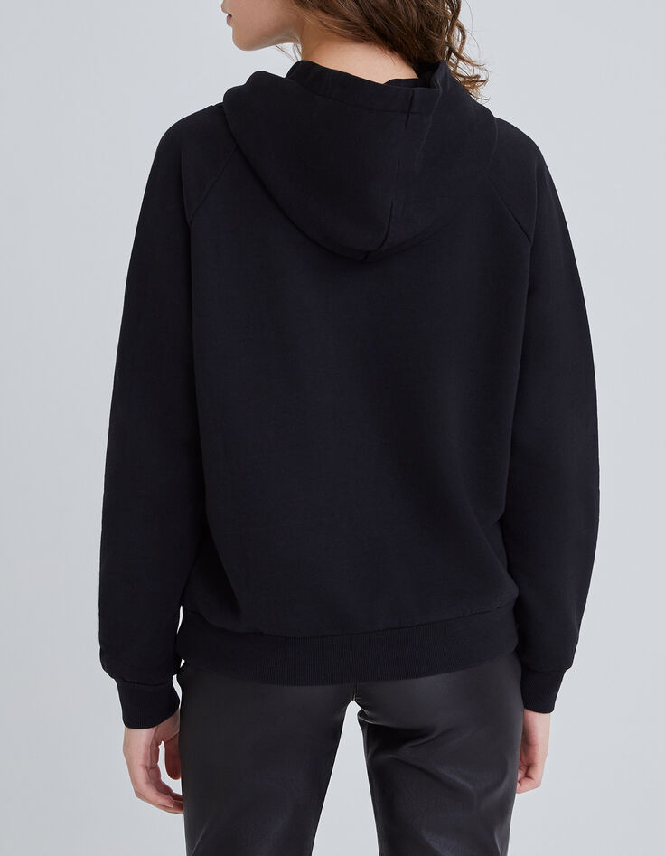 Sweat noir &agrave; capuche message et t&ecirc;te de mort brod&eacute;s Femme-3