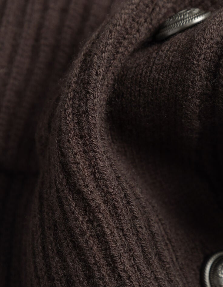 Cárdigan corto marrón 100 % lana acanalada mujer-7