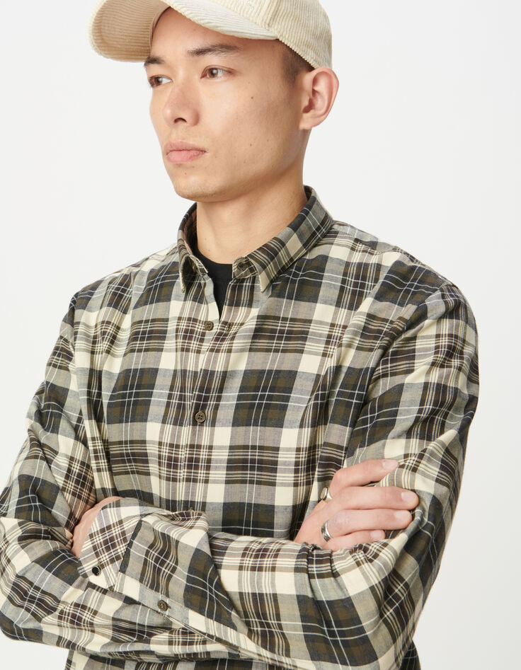 Men's khaki cotton check shirt-4 Men's khaki cotton check shirt-4
