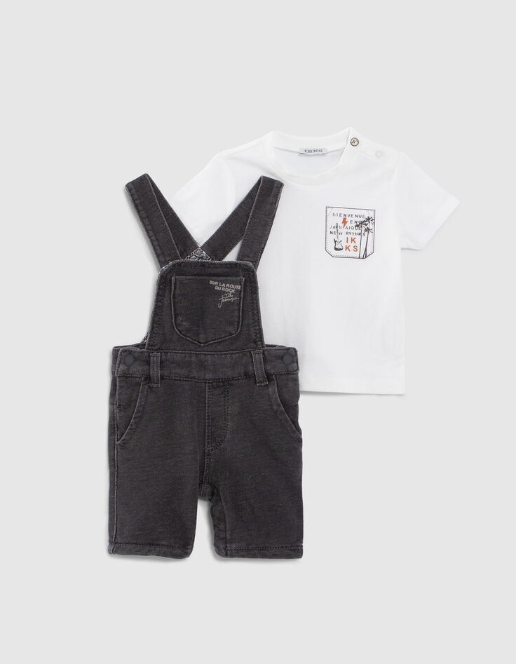 Baby boys’ T-shirt and grey denim dungarees outfit-1