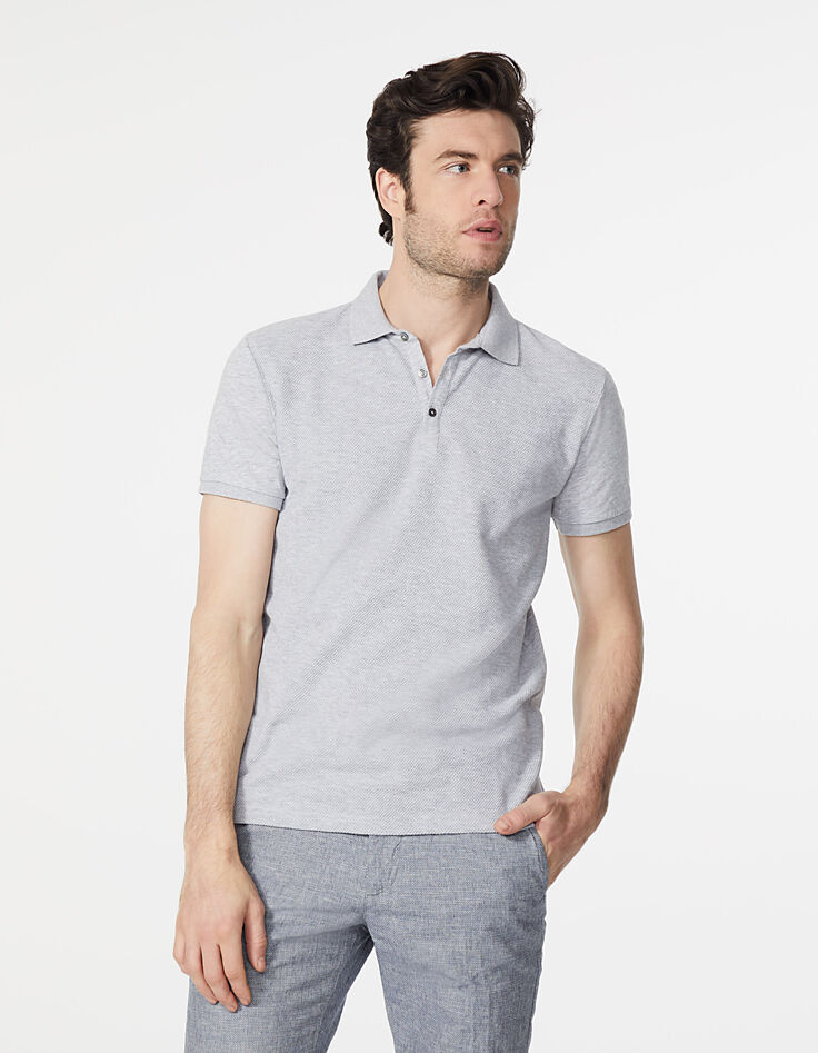 Polo gris claro jaspeado bi-tejido con relieve Hombre-2
