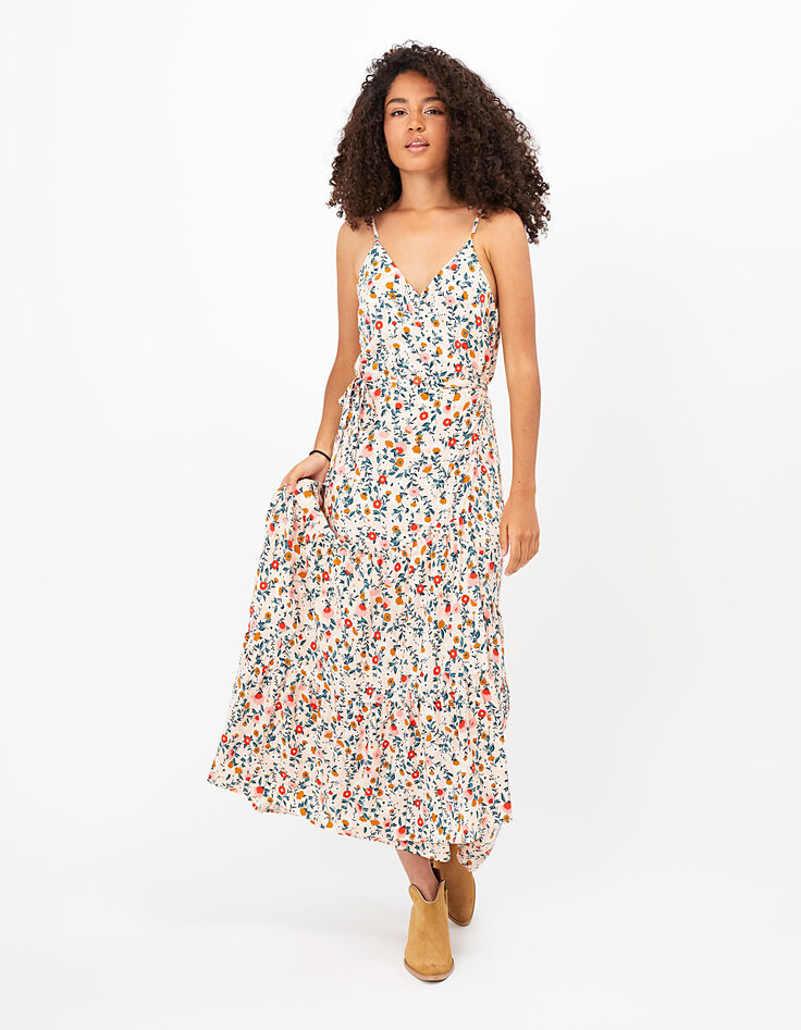 Robe longue rose poudré à imprimé floral et doré I.Code-3