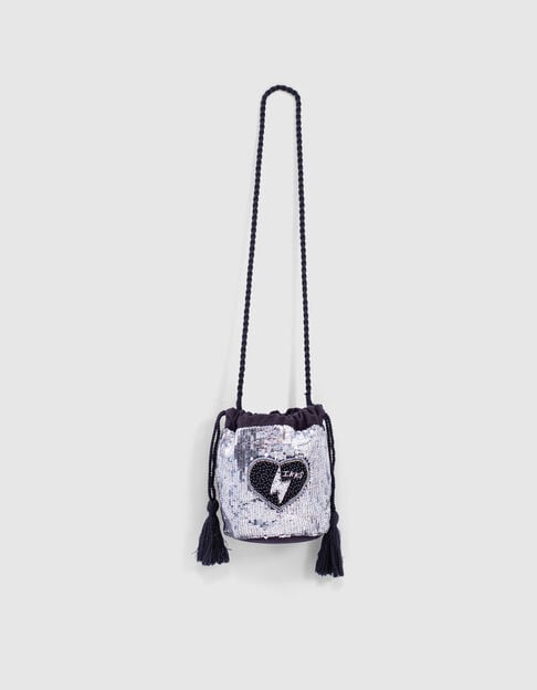 Girls’ black and silver bucket bag with sequins and beads