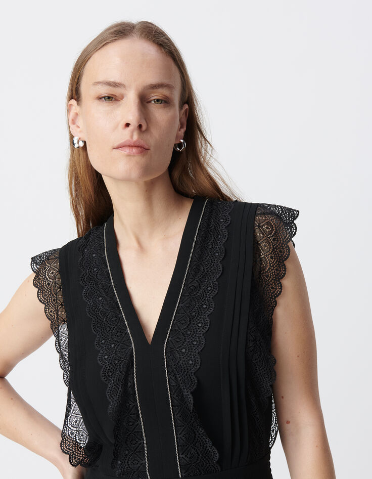 Robe longue noire plissée volants dentelle Femme-5