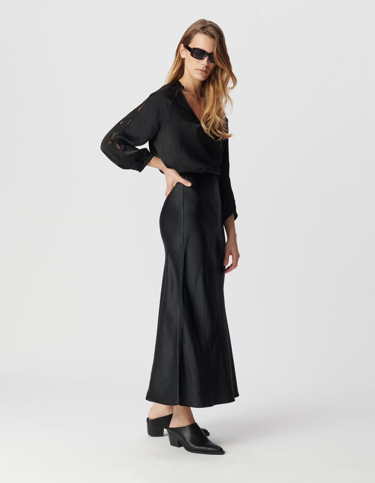 Blouse noire effet froissé avec dentelle Femme-2