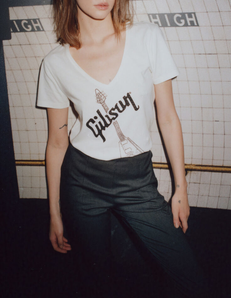 Weißes Damen-T-Shirt mit E-Gitarre GIBSON-2