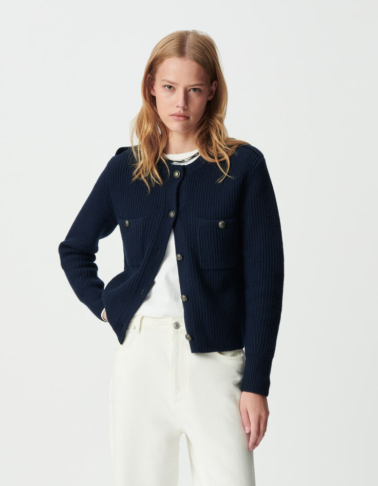 Marineblaue Damen-Kurzstrickjacke 100 % Rippwolle-2