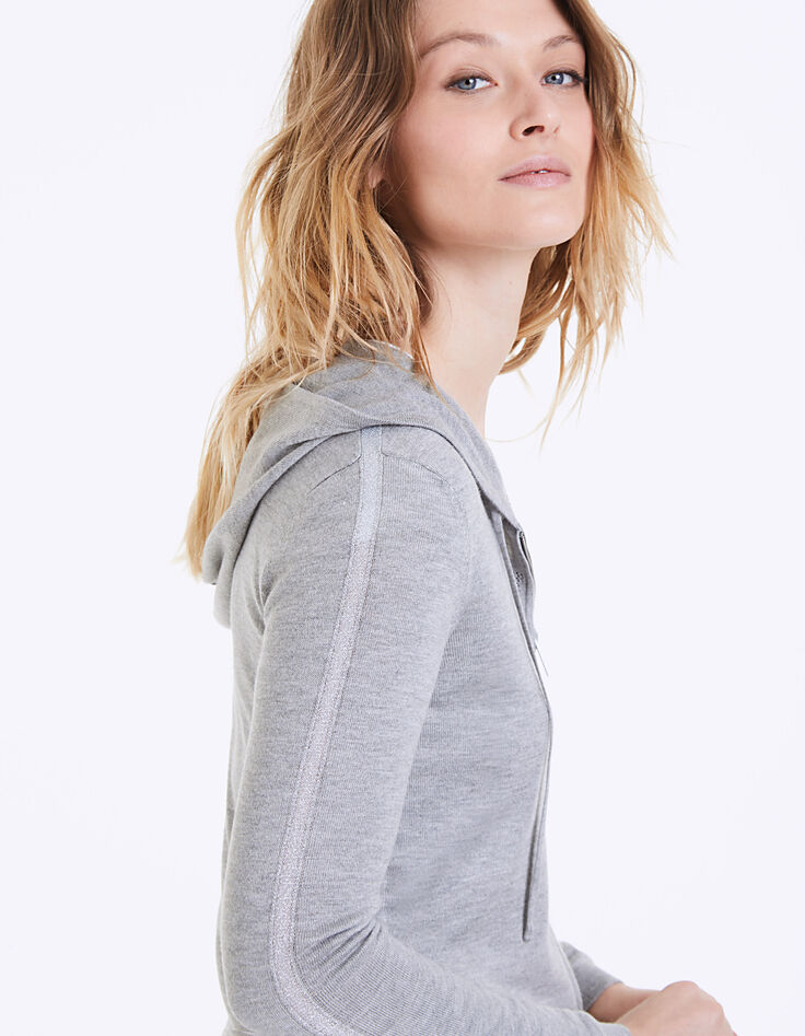 Cardigan zippé gris à capuche visuel Love femme-5 Cardigan zippé gris à capuche visuel Love femme-5