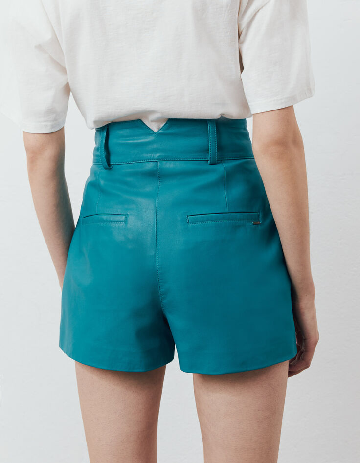 Short taille haute en cuir certifié bleu émeraude femme-3