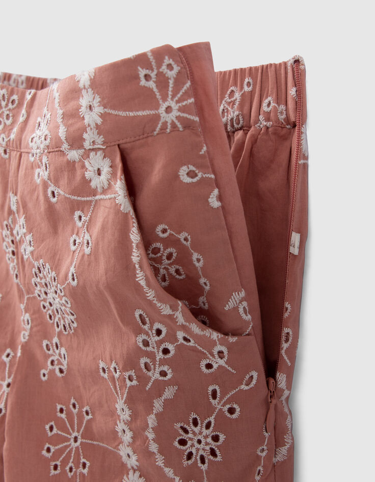 Pantalon vieux rose coton bio broderies fleurs fille-6