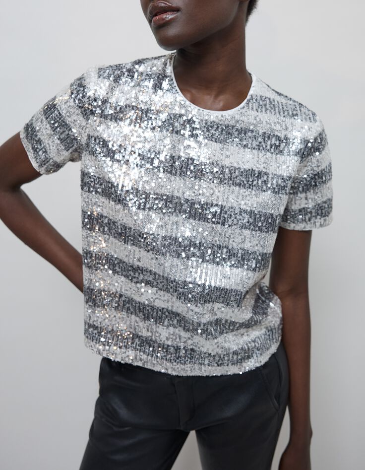 Top motif rayures brodées sequins Femme-7