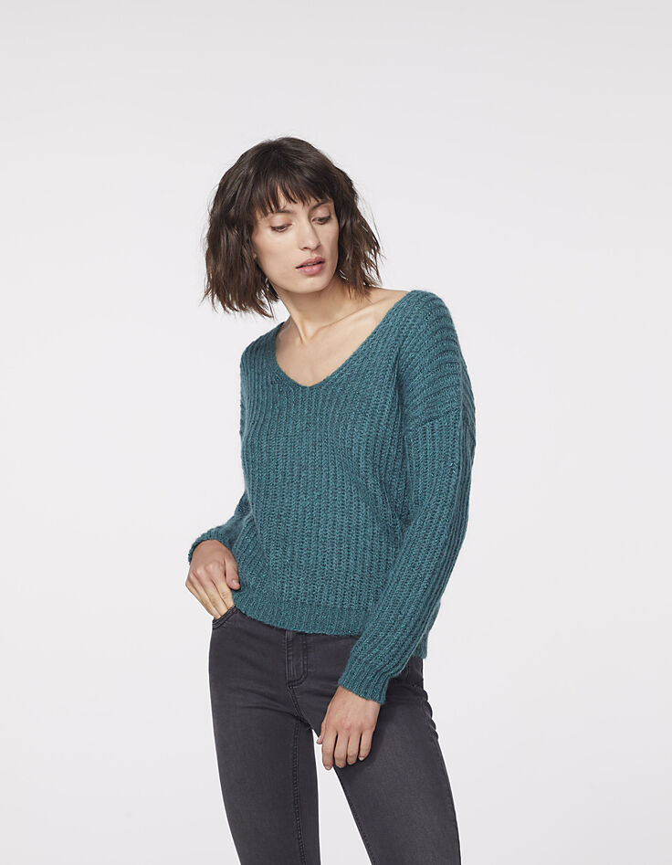 Pull vert col V laine mousseuse métallisée femme-2