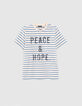 Tee-shirt beige moyen rayures bleues et message garçon-1