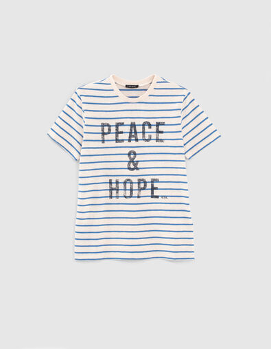 Tee-shirt beige moyen rayures bleues et message garçon - IKKS