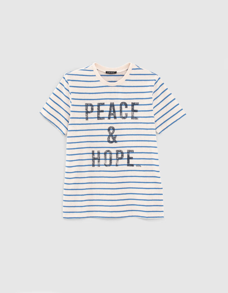 Tee-shirt beige moyen rayures bleues et message garçon-1