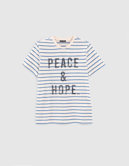 Camiseta beige medio con rayas azules y mensaje niño