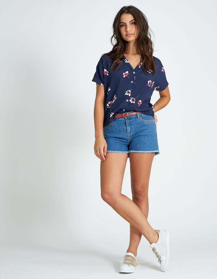 Short bleu en jean frangé à clous I.Code-6