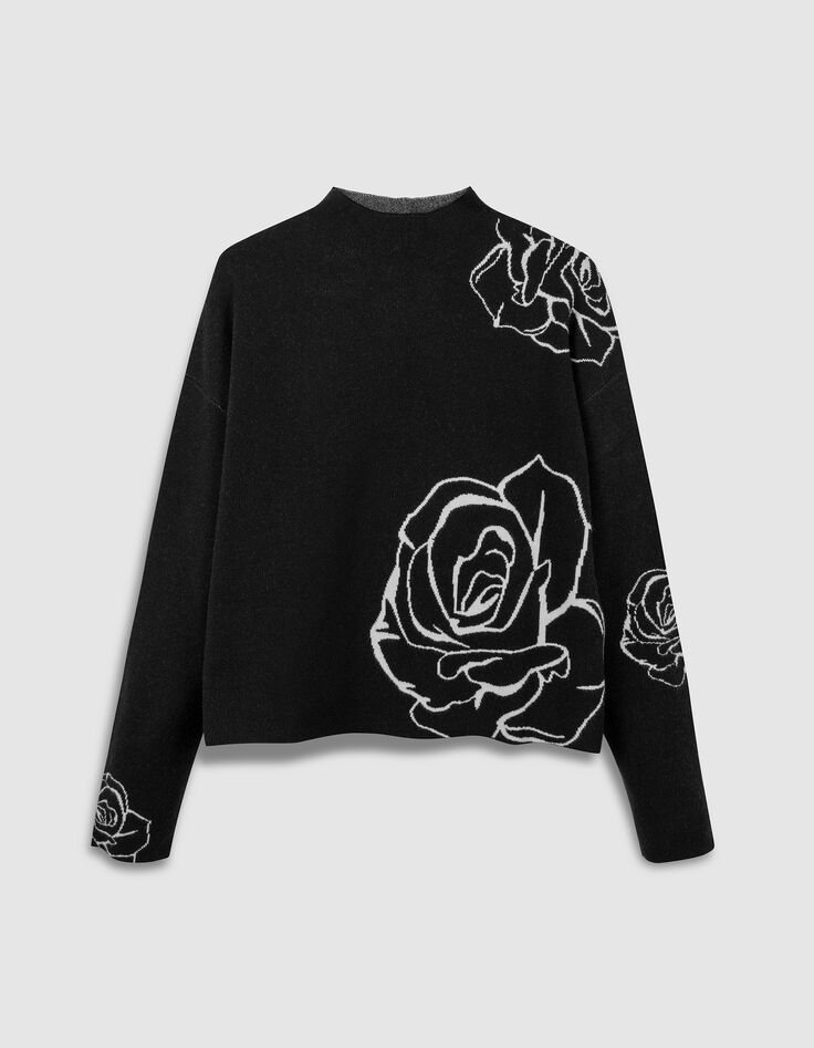 Pull col montant noir tricot jacquard motif roses femme-1