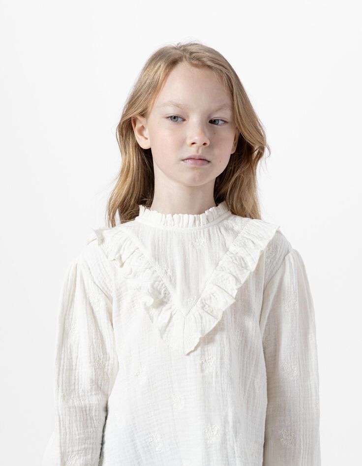 Girls’ ecru cotton gauze dress with embroidered flowers-1