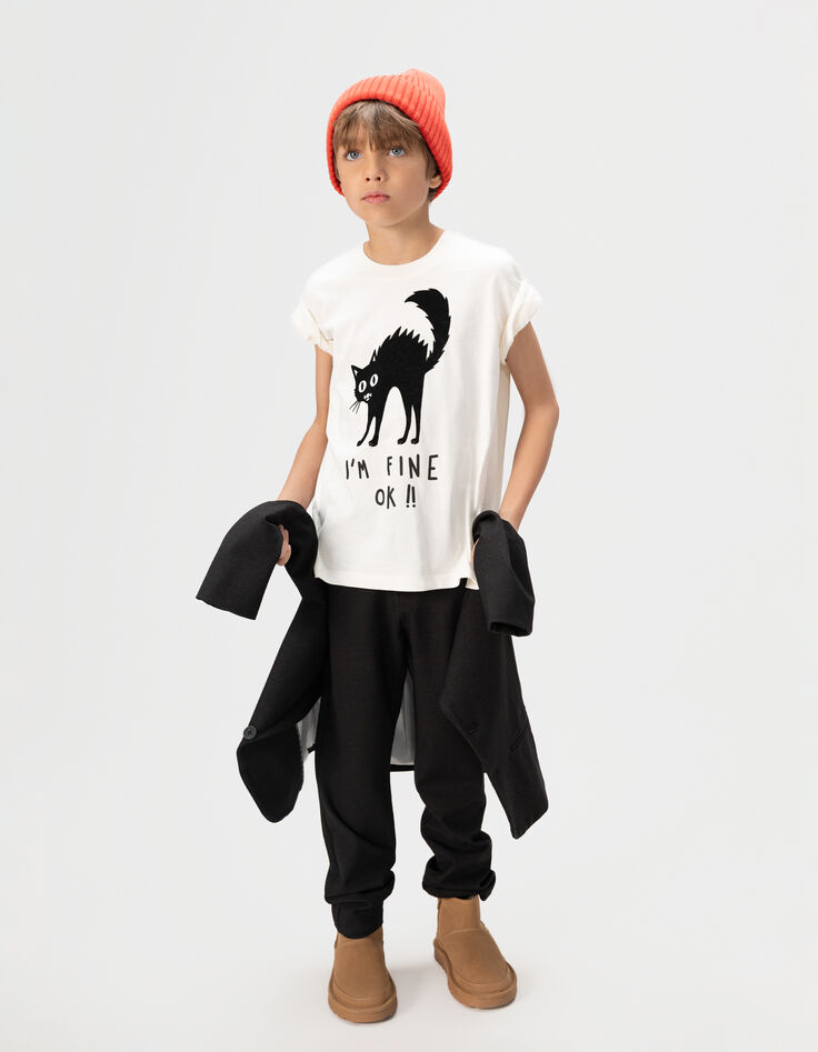 Boys’ white T-shirt with flocked velvet cat image-2 Boys’ white T-shirt with flocked velvet cat image-2