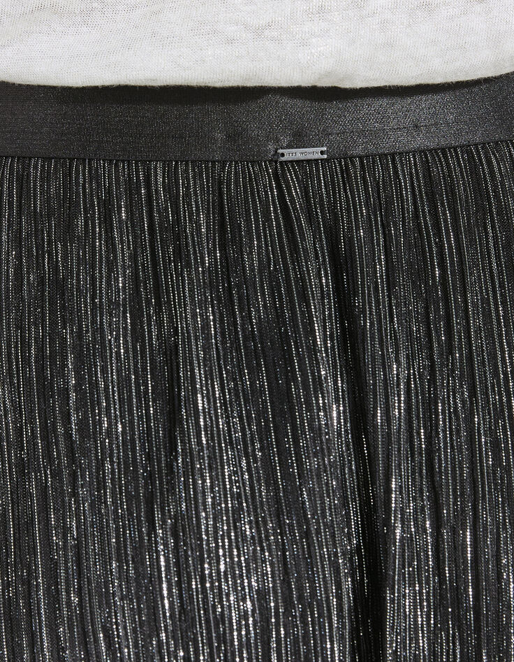 Langer, schwarzer Midi-Damenplisseerock mit Metallic-Optik-7