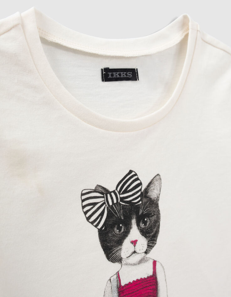 Cremewei&szlig;es M&auml;dchen-T-Shirt mit Katze in Kleid-3