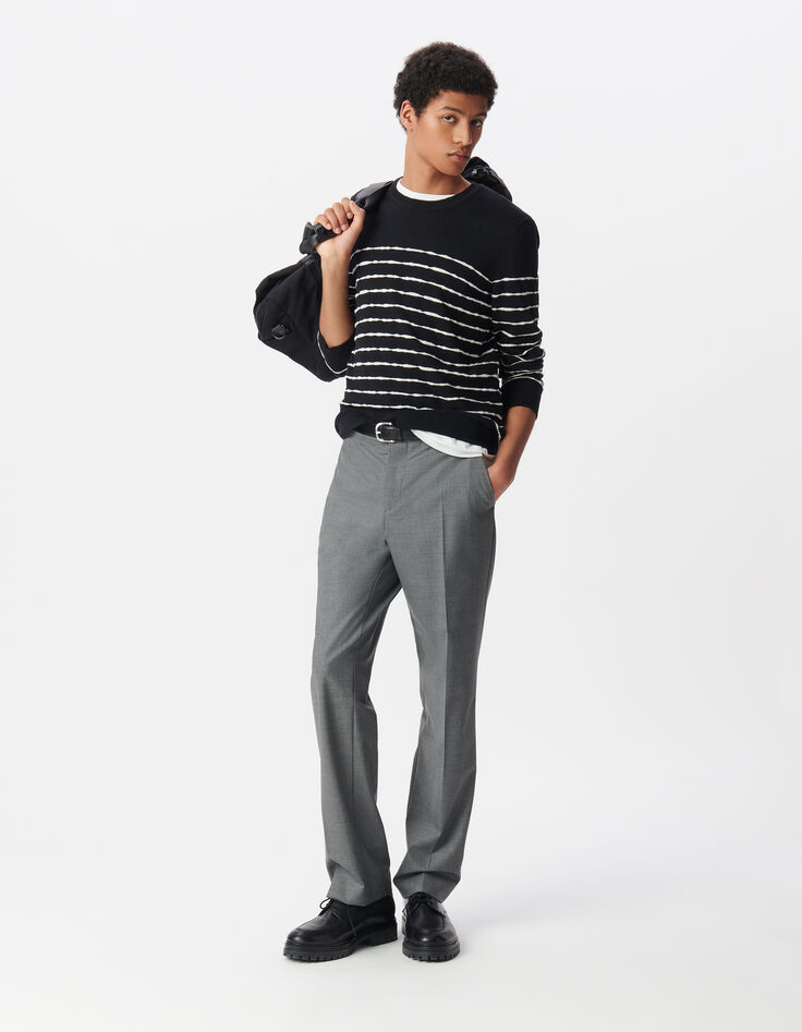 Pull marinière noir tricot fin rayures blanches Homme-1