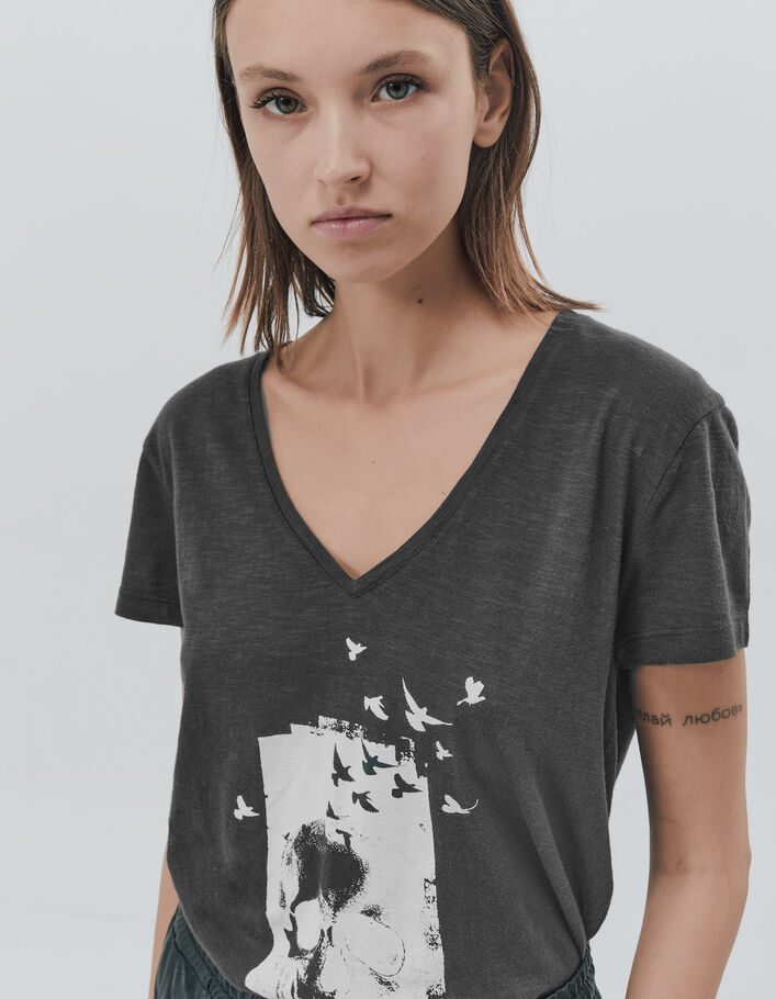 Tee-shirt en coton bio gris visuel tête de mort femme - IKKS
