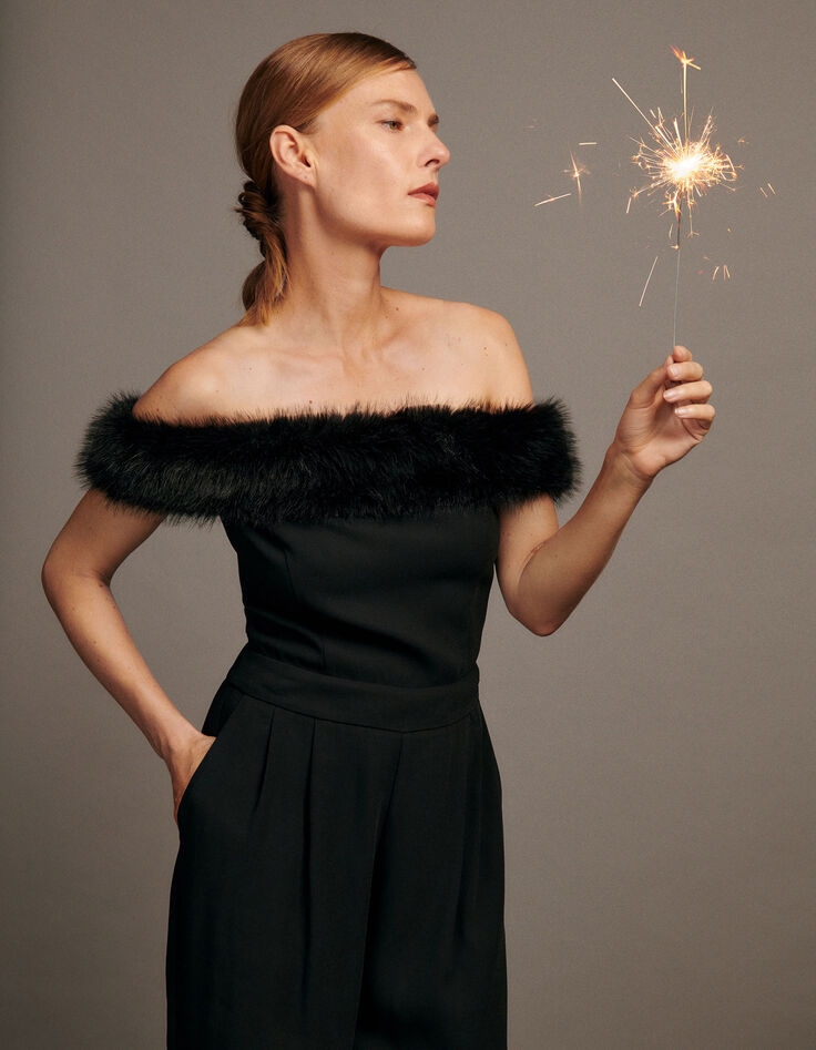 Schulterfreie Jumpsuit mit Kunstpelz Damen-8