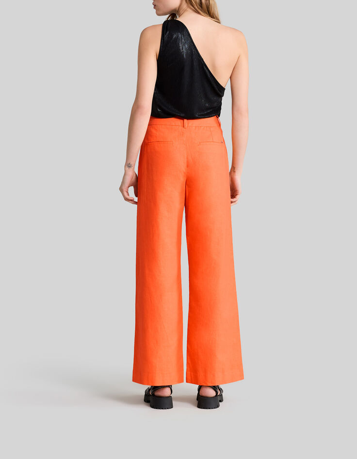 Pantal&oacute;n de traje naranja algod&oacute;n lino mujer-4