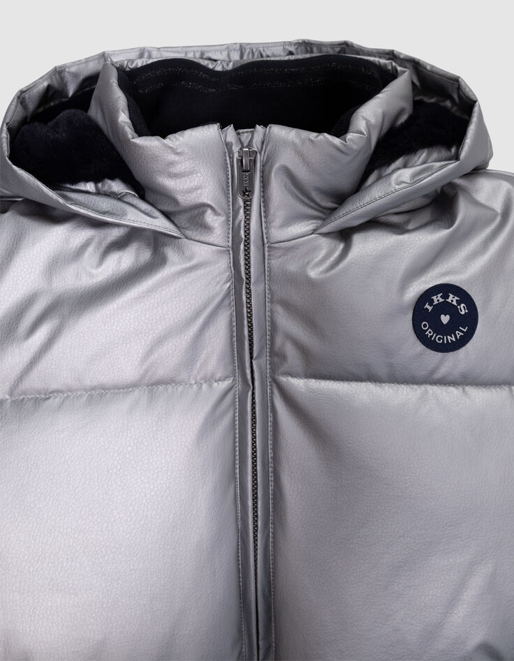 Girls’ silver padded jacket with navy fur-lined hood-2