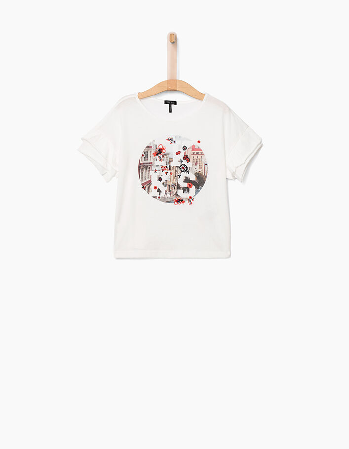 Girls' off-white crop T-shirt+floral embroidery - IKKS