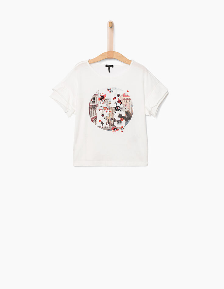Cremeweißes Cropped Mädchen-T-Shirt mit Stickerei-2 Cremeweißes Cropped Mädchen-T-Shirt mit Stickerei-2