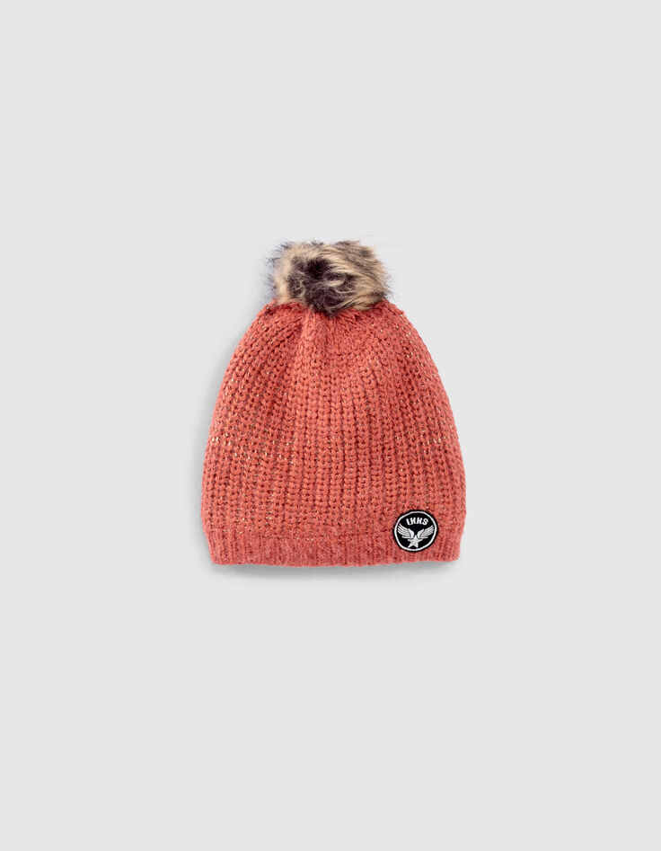 Bonnet bois de rose côtelé lurex or fille-1