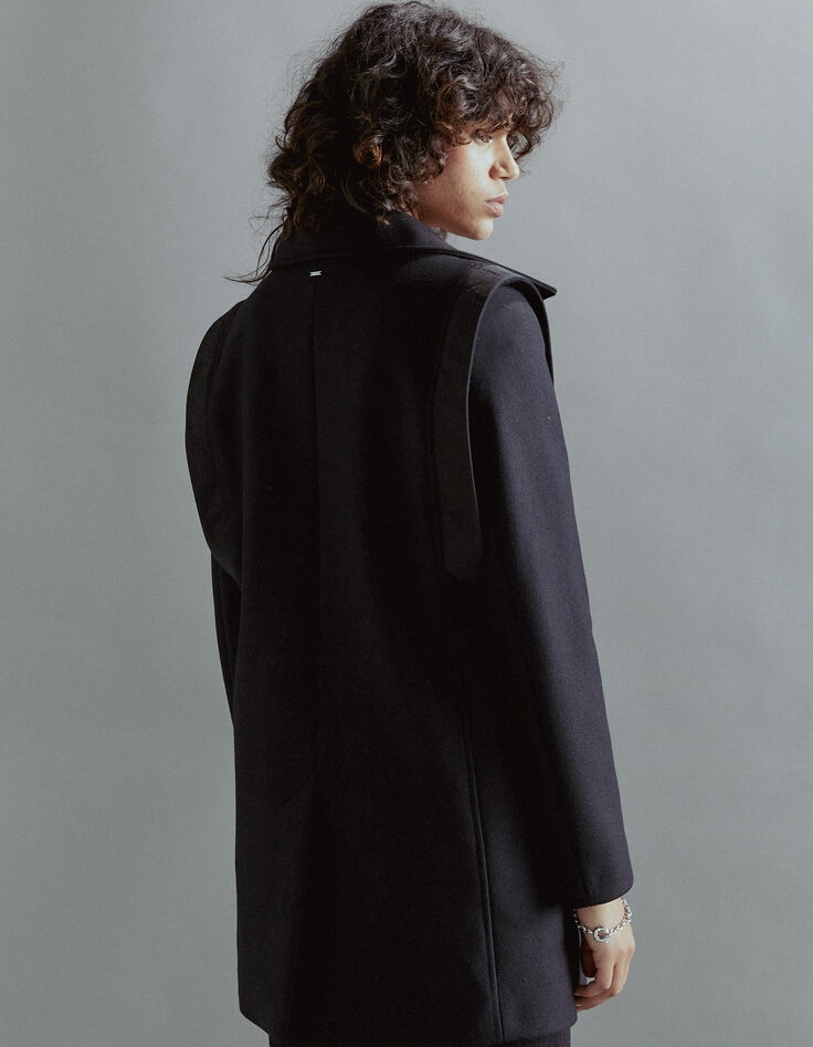 Manteau noir en laine épaulettes surpiquées femme-3