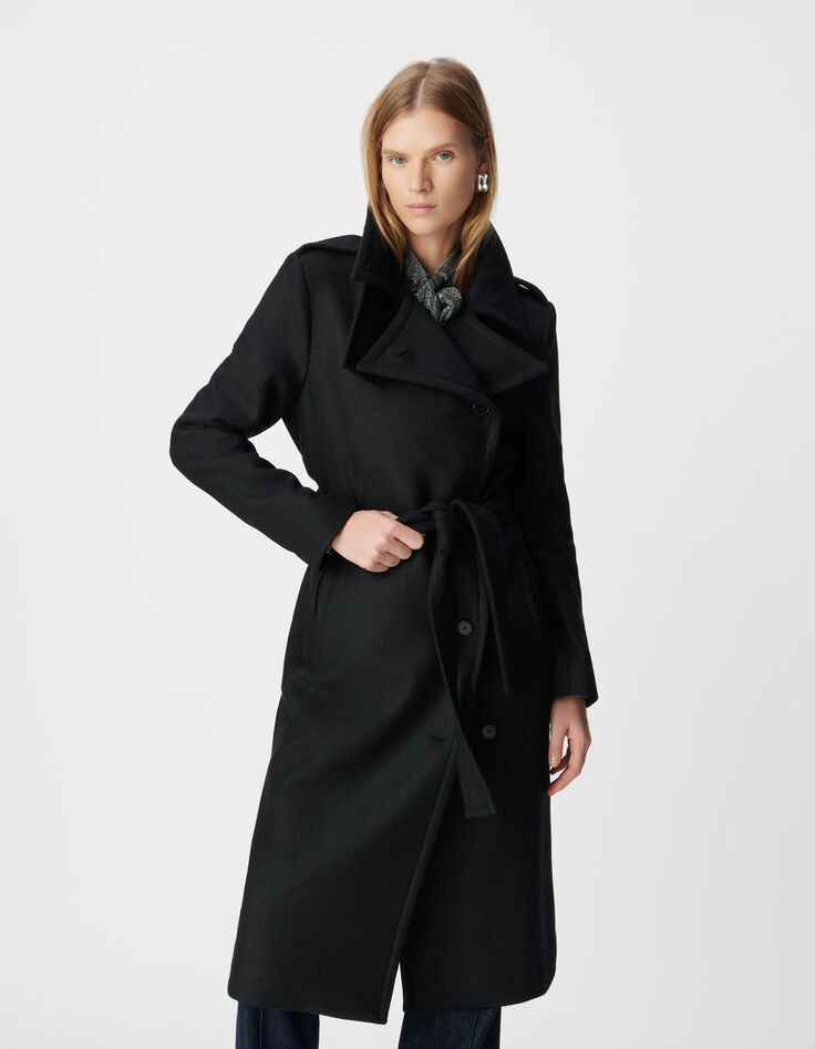 Manteau long noir lainage esprit caban ceintur&eacute; Femme-3