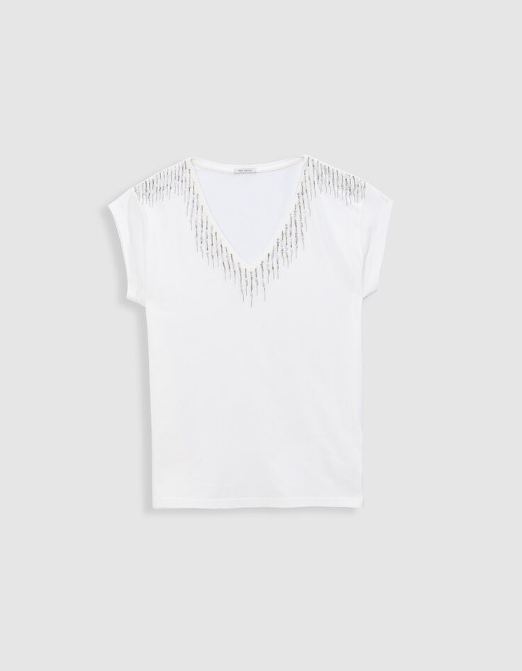 Women's white V-neck tee-shirt with jewel design-6