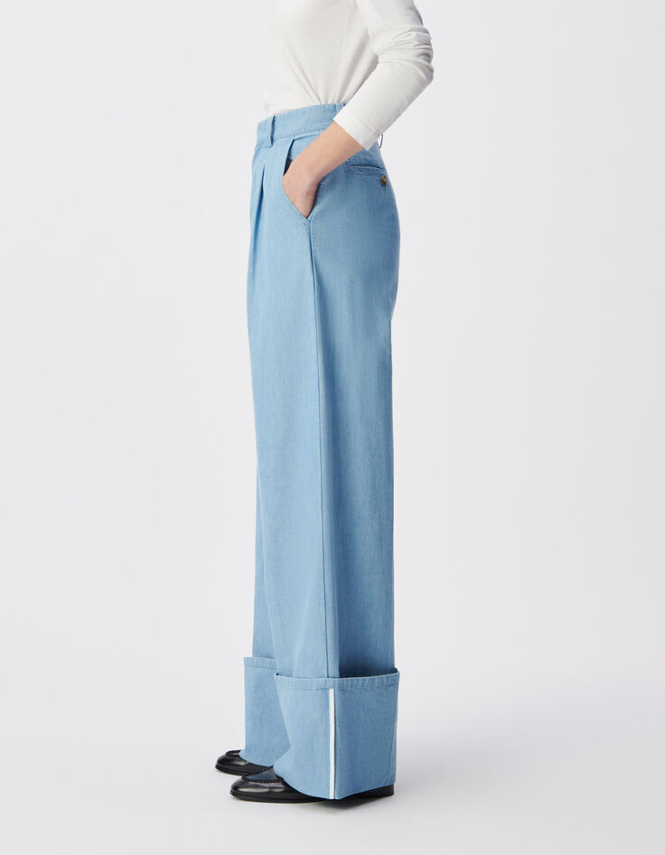 Dames blauw broekpak van biologisch katoen met brede revers-4