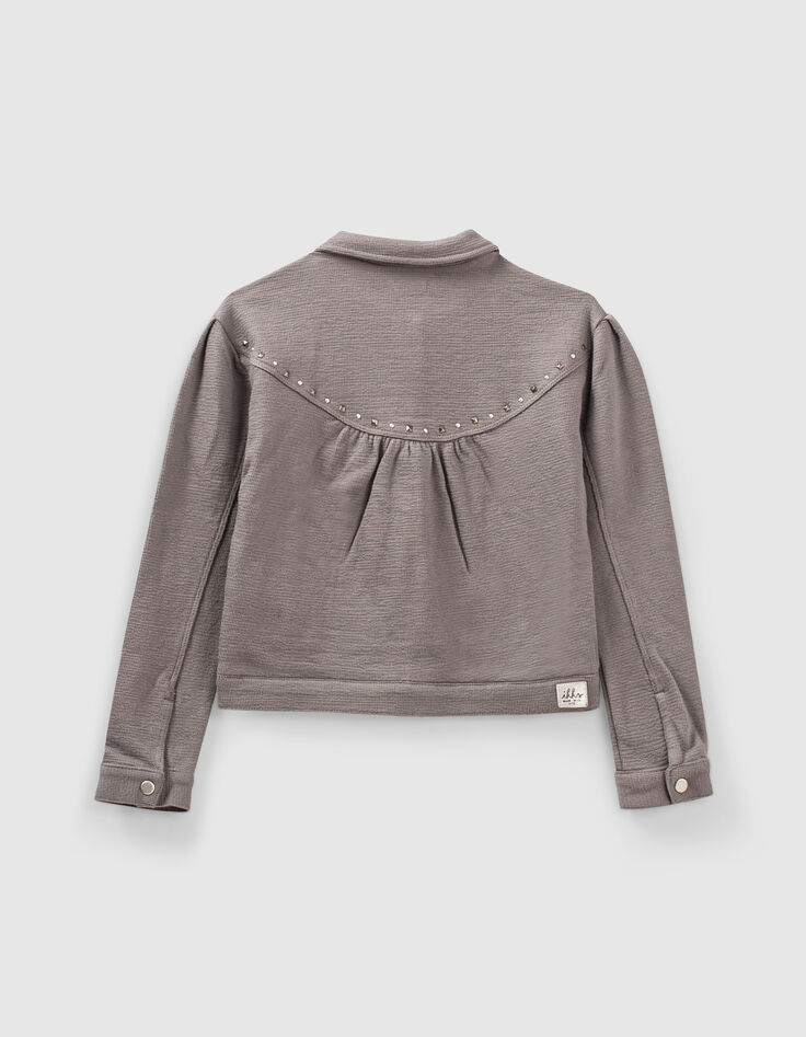 Leinengraue Mädchenstrickjacke mit Nieten-3