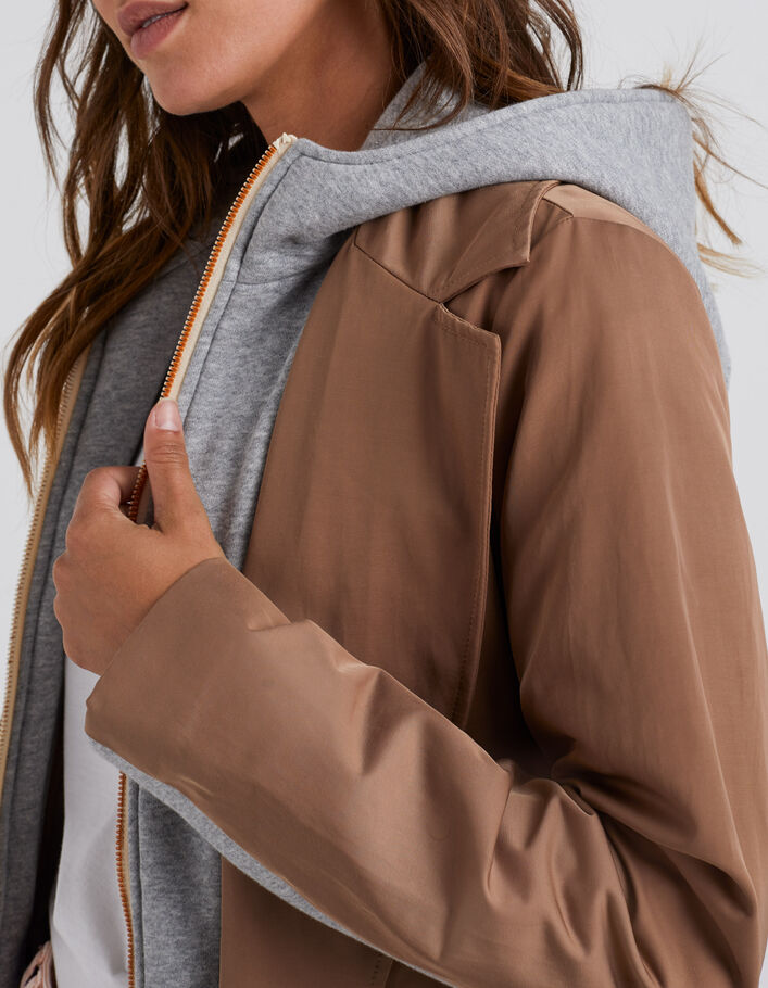 I.Code caramel trench coat, grey sweatshirt fabric facing