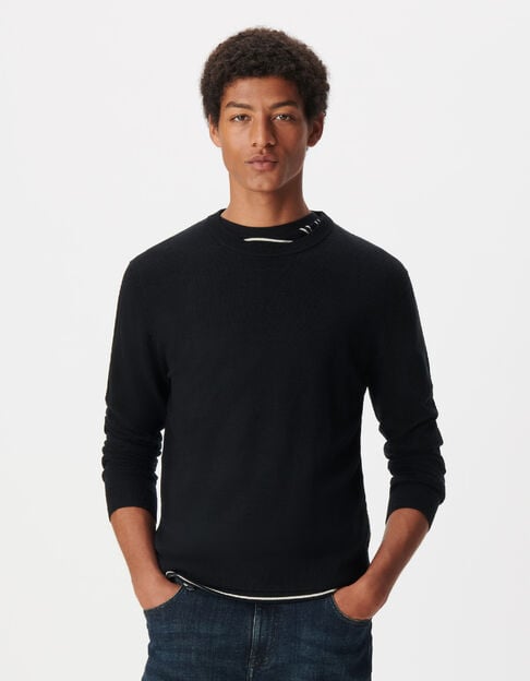 Pull noir col rond tricot 100% laine Homme - IKKS