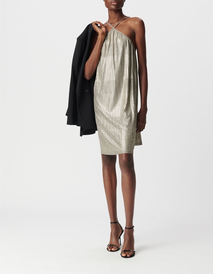 Robe dor&eacute;e maille m&eacute;tallis&eacute;e c&ocirc;tel&eacute;e Femme-1
